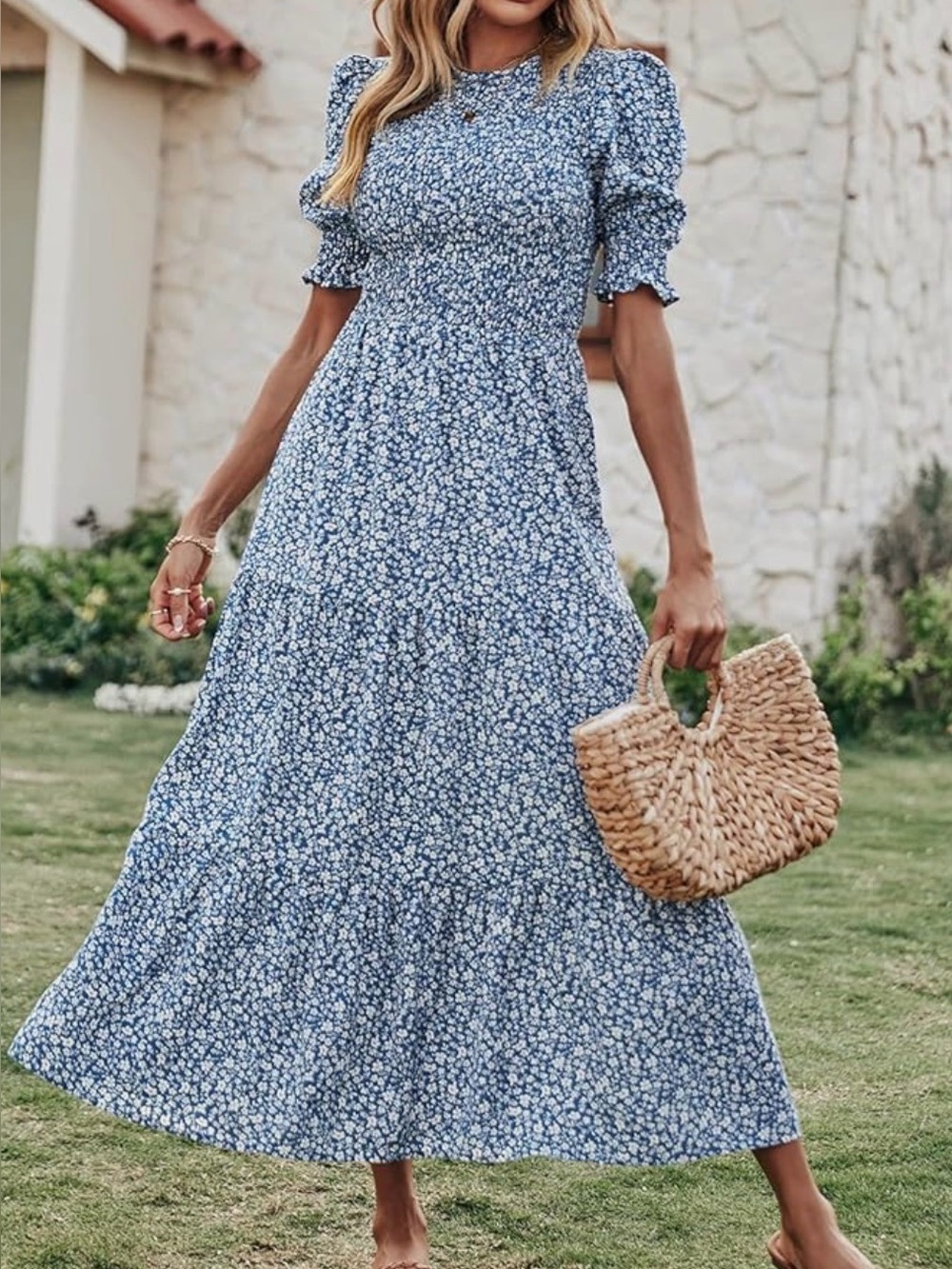 BTFBM Blue Floral Smocked Maxi Dress
